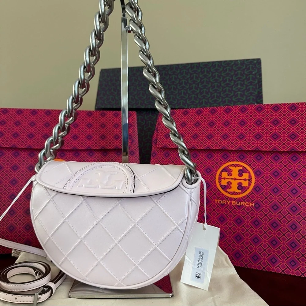 Tory Burch Pale Pink Quilted Half-Moon Shoulder Bag with Chain Strap